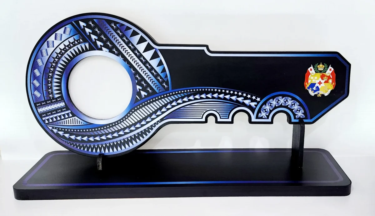 Island Design White & Blue Theme Colour UV Printed Birthday Key with Coloured Tongan Sila with Matching Colour Stand
