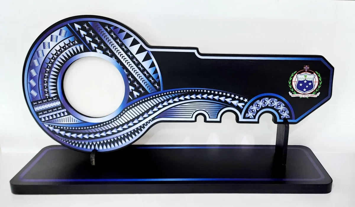 Island Design White & Blue Theme Colour UV Printed Birthday Key with Coloured Samoan Sila with Matching Colour Stand