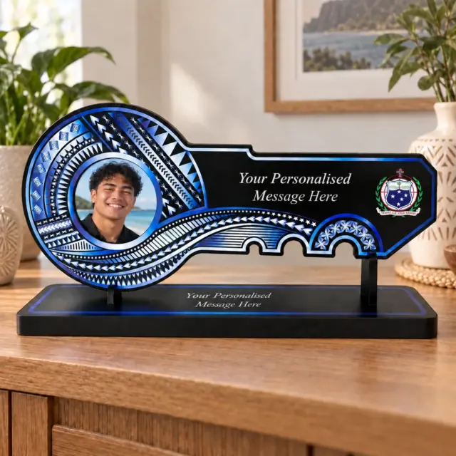 Island Design White & Blue Theme Colour UV Printed Birthday Key with Coloured Samoan Sila with Matching Colour Stand