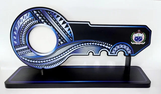 Island Design White & Blue Theme Colour UV Printed Birthday Key with Coloured Samoan Sila with Matching Colour Stand