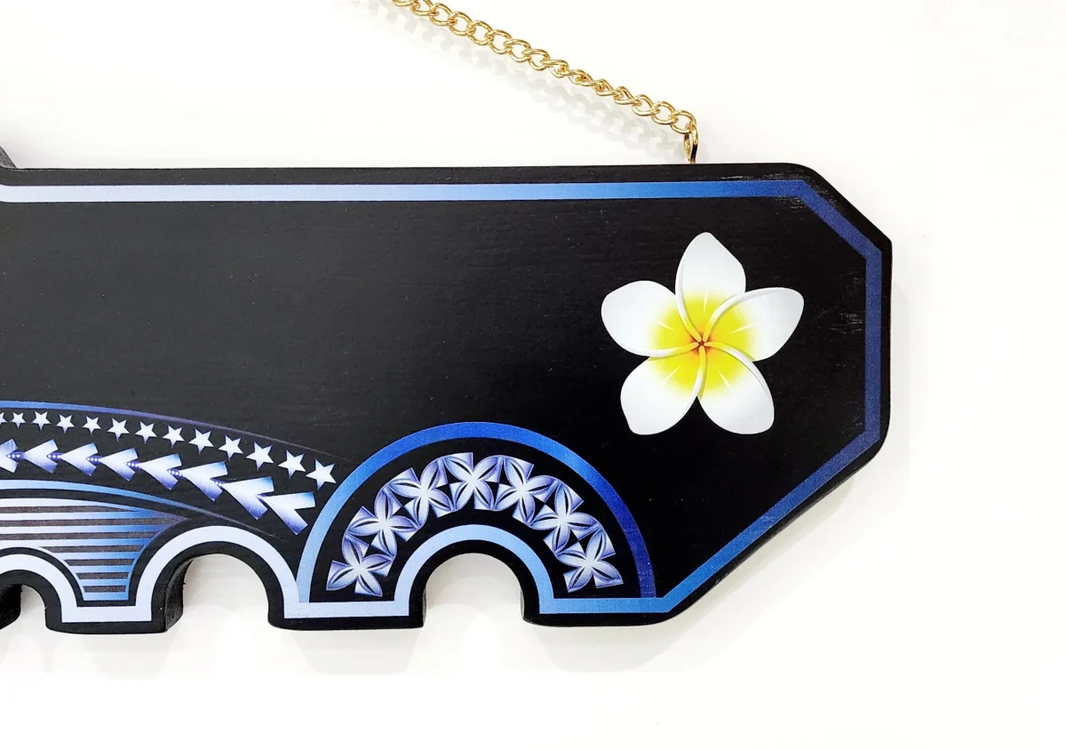 Island Design White & Blue Theme Colour UV Printed Birthday Key with White Frangipani Flower