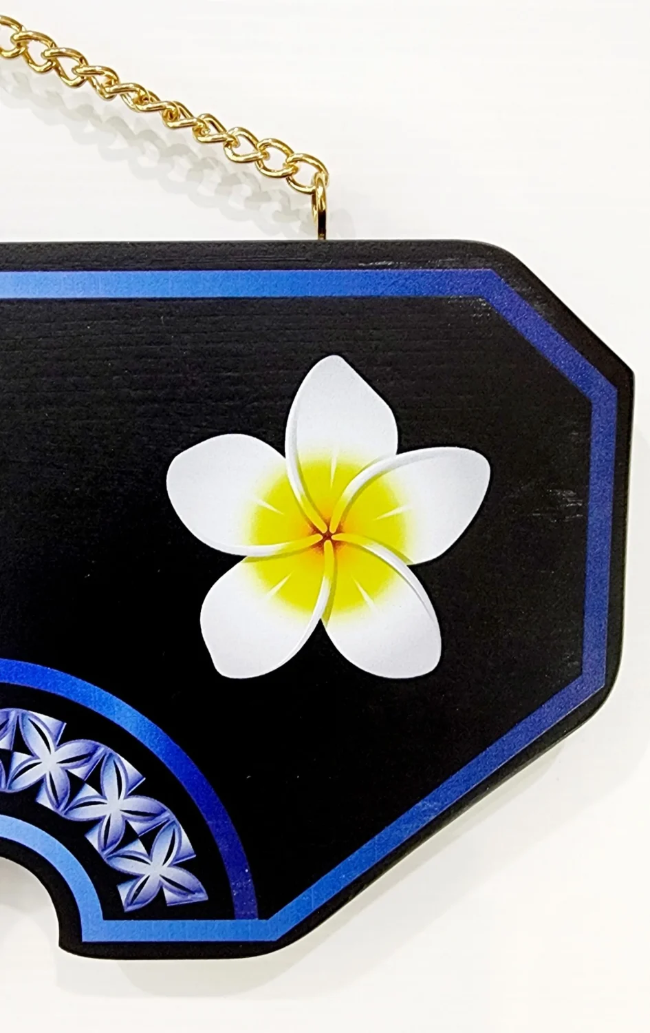 Island Design White & Blue Theme Colour UV Printed Birthday Key with White Frangipani Flower