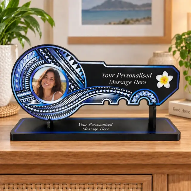 Island Design White & Blue Theme Colour UV Printed Birthday Key with White Frangipani Flower and Matching Colour Stand