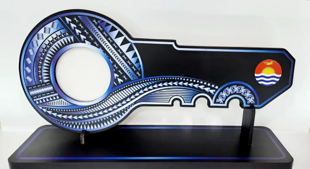 Island Design White & Blue Theme Colour UV Printed Birthday Key with Coloured Kiribati Flag and Matching Colour Stand