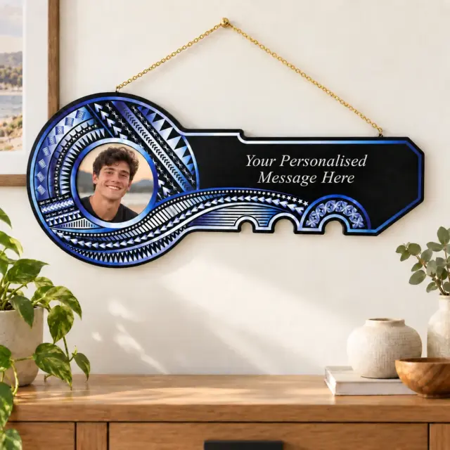 Island Design White & Blue Theme Colour UV Printed Birthday Key