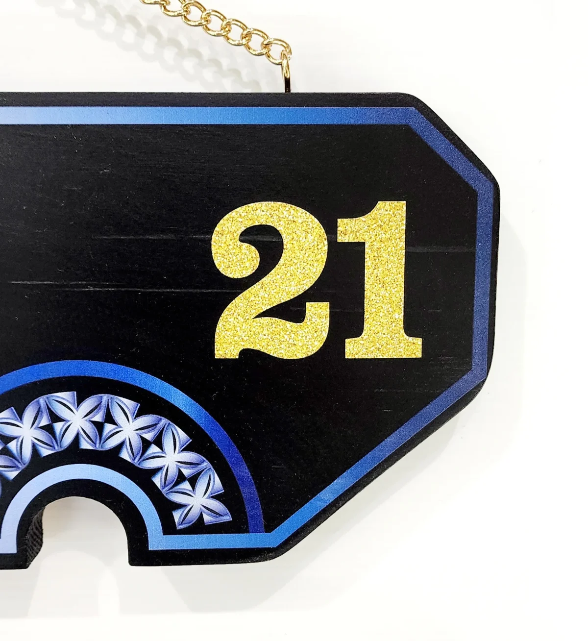 Island Design White & Blue Theme Colour UV Printed Birthday Key with Golden Glitter Look "21"