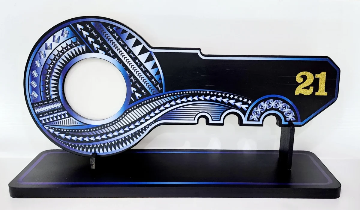 Island Design White & Blue Theme Colour UV Printed Birthday Key with Golden Glitter Look "21" and Matching Colour Stand