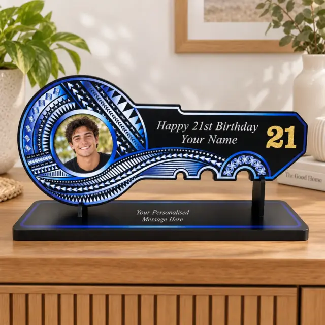 Island Design White & Blue Theme Colour UV Printed Birthday Key with Golden Glitter Look "21" and Matching Colour Stand