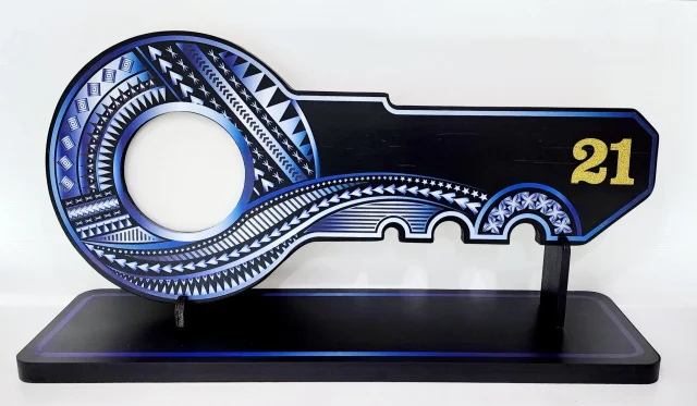 Island Design White & Blue Theme Colour UV Printed Birthday Key with Golden Glitter Look "21" and Matching Colour Stand