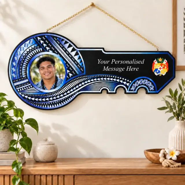 Island Design White & Blue Theme Colour UV Printed Birthday Key with Coloured Tongan Sila