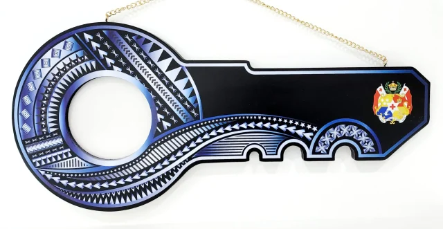 Island Design White & Blue Theme Colour UV Printed Birthday Key with Coloured Tongan Sila