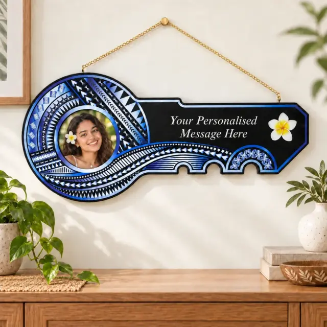 Island Design White & Blue Theme Colour UV Printed Birthday Key with White Frangipani Flower