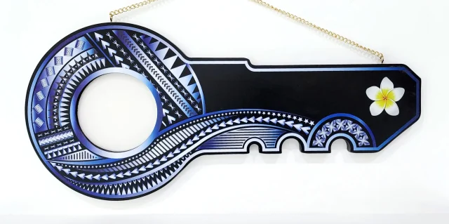 Island Design White & Blue Theme Colour UV Printed Birthday Key with White Frangipani Flower