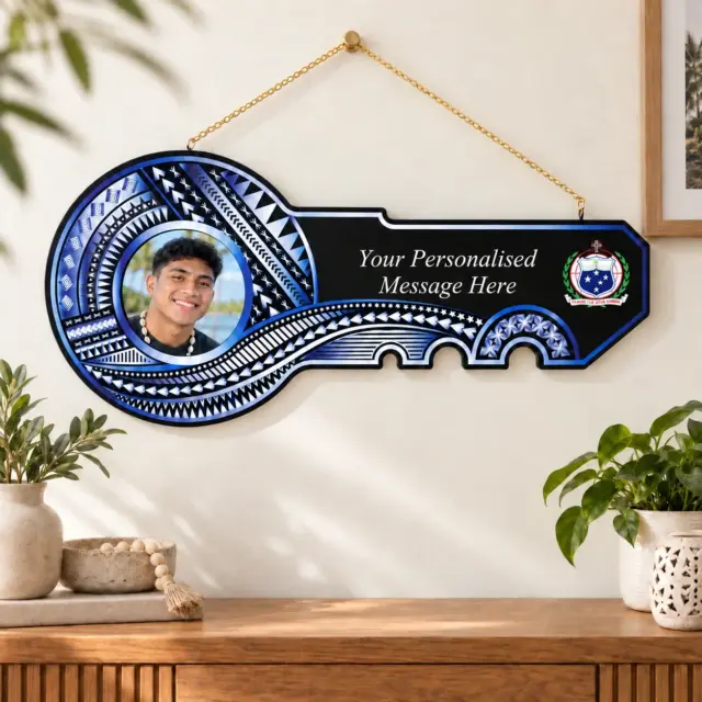 Island Design White & Blue Theme Colour UV Printed Birthday Key with Coloured Samoan Sila