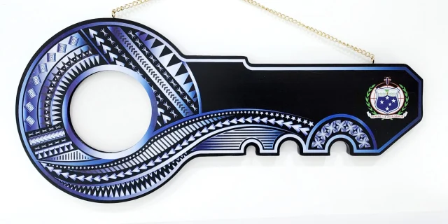 Island Design White & Blue Theme Colour UV Printed Birthday Key with Coloured Samoan Sila