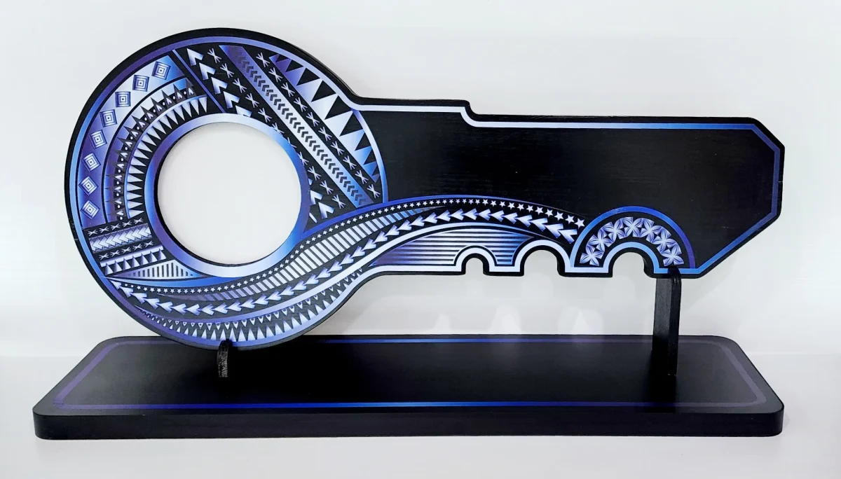 Island Design White & Blue Theme Colour UV Printed Birthday Key with Matching Stand