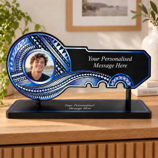 Island Design White & Blue Theme Colour UV Printed Birthday Key with Matching Stand