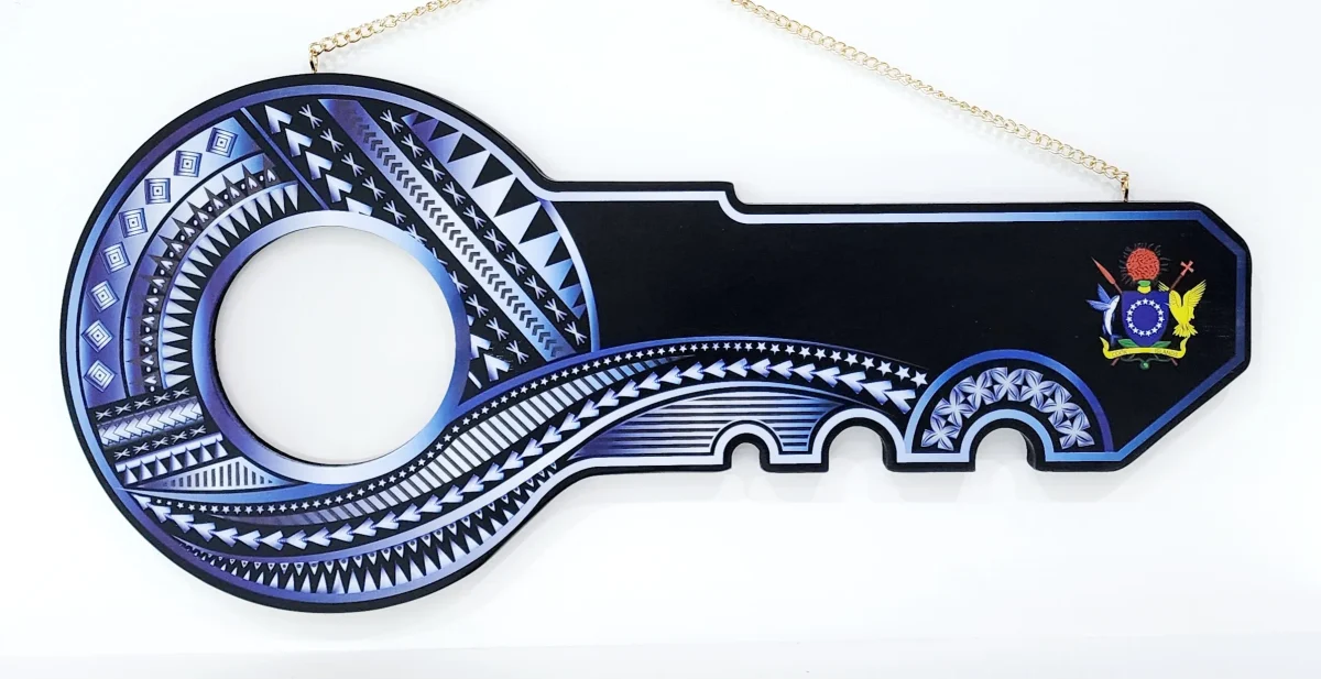 Island Design White & Blue Theme Colour UV Printed Birthday Key with Coat of Arms of Cook Island