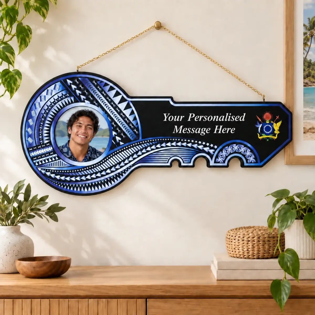 Island Design White & Blue Theme Colour UV Printed Birthday Key with Coat of Arms of Cook Island