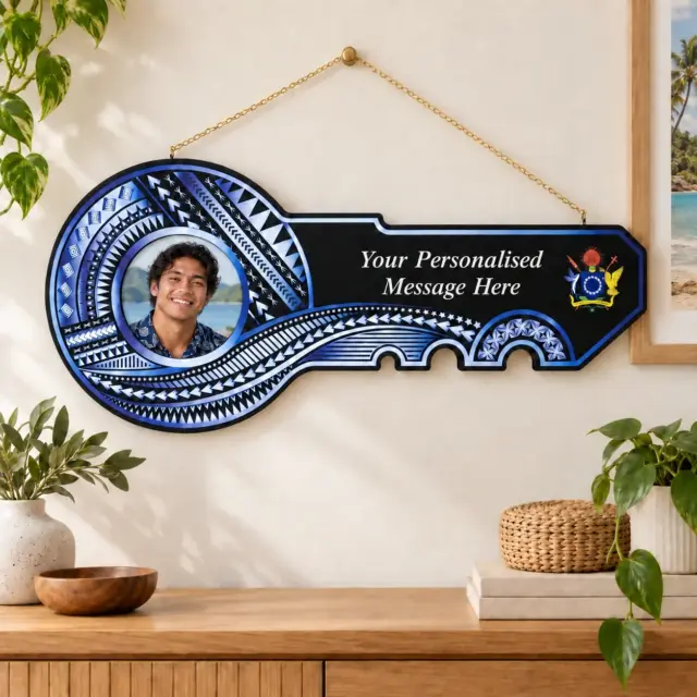 Island Design White & Blue Theme Colour UV Printed Birthday Key with Coat of Arms of Cook Island