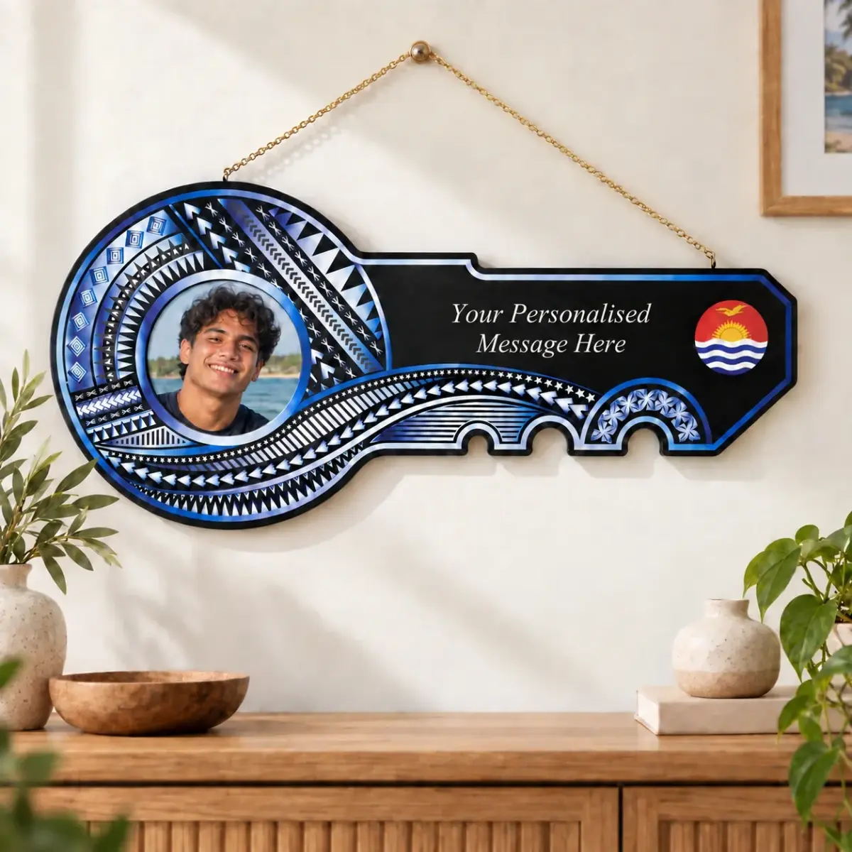 Island Design White & Blue Theme Colour UV Printed Birthday Key with Coloured Kiribati Flag