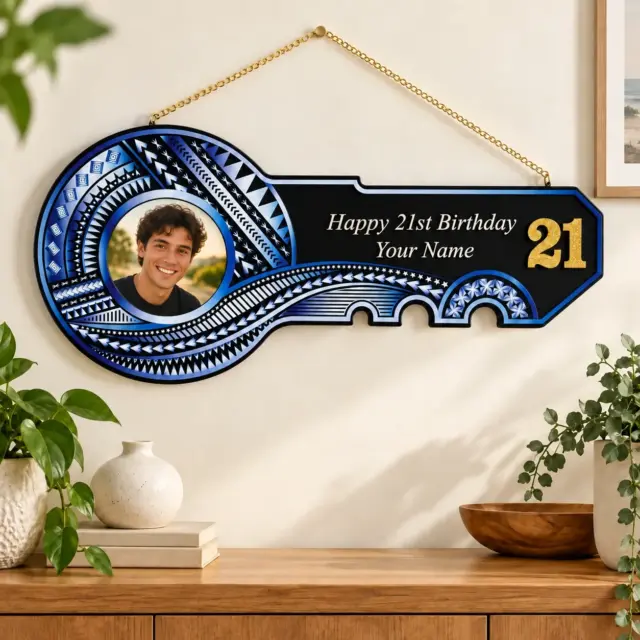Island Design White & Blue Theme Colour UV Printed Birthday Key with Golden Glitter Look "21"