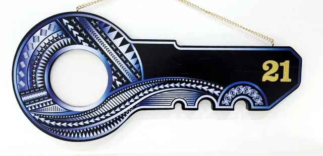 Island Design White & Blue Theme Colour UV Printed Birthday Key with Golden Glitter Look "21"