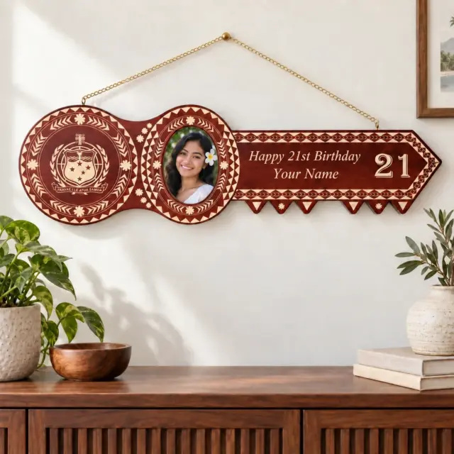 Island Design Wooden Birthday Key with "Samoan Sila" & "21" Laser Engraved  – SJ2102DB