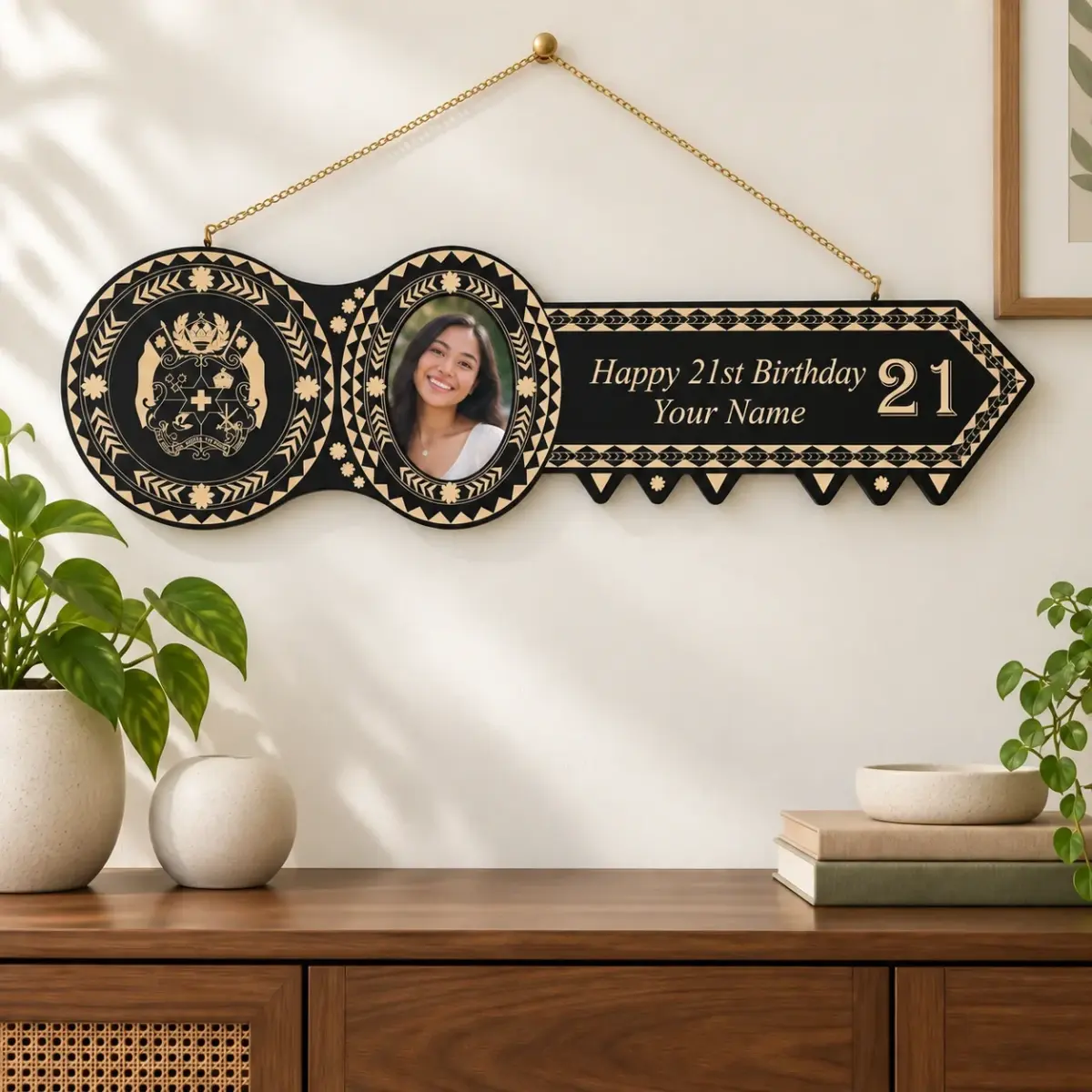 Island Design Wooden Birthday Key with "Tongan Sila" & "21" Laser Engraved – SJ2106BLK