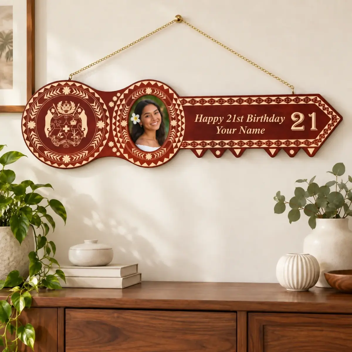 Island Design Wooden Birthday Key with "Tongan Sila" & "21" Laser Engraved – SJ2106DB