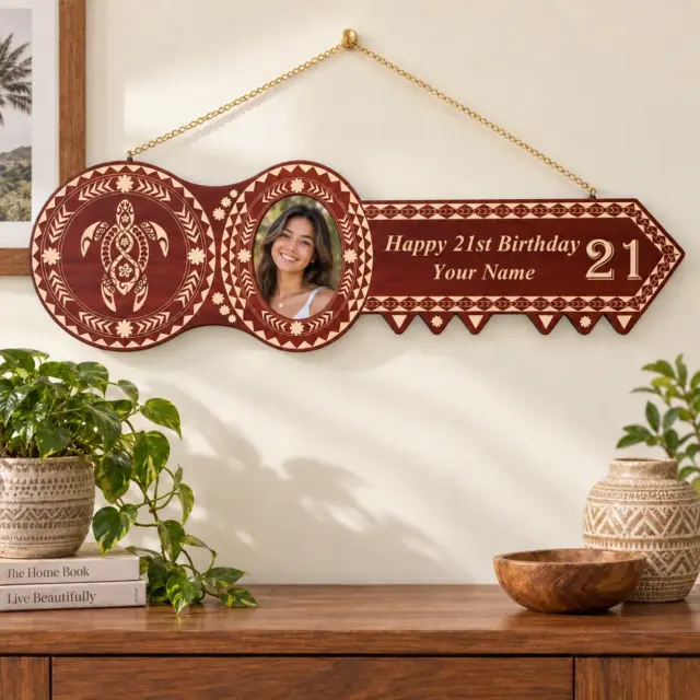 Island Design Wooden Birthday Key with Turtle & "21" Laser Engraved  – SJ2104DB