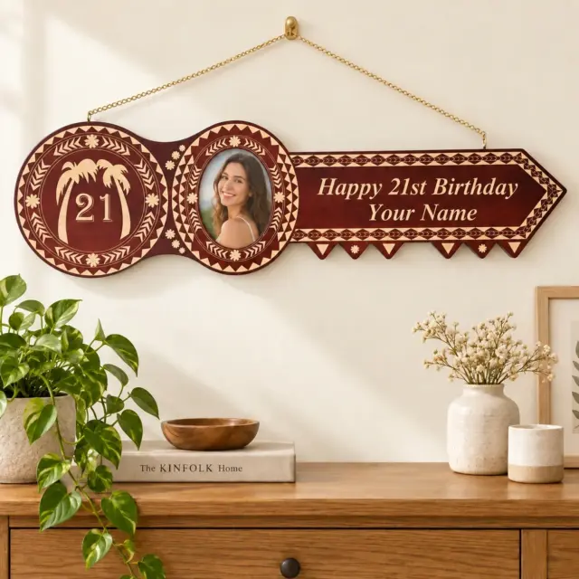 Island Design Wooden Birthday Key with "Two Palm Trees" & "21" Laser Engraved  – SJ2513DB