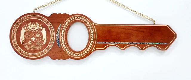 Island Design Wooden Key with Laser Engraved Patterns & Tongan Sila with Paua Shell Inlay - SJ2432