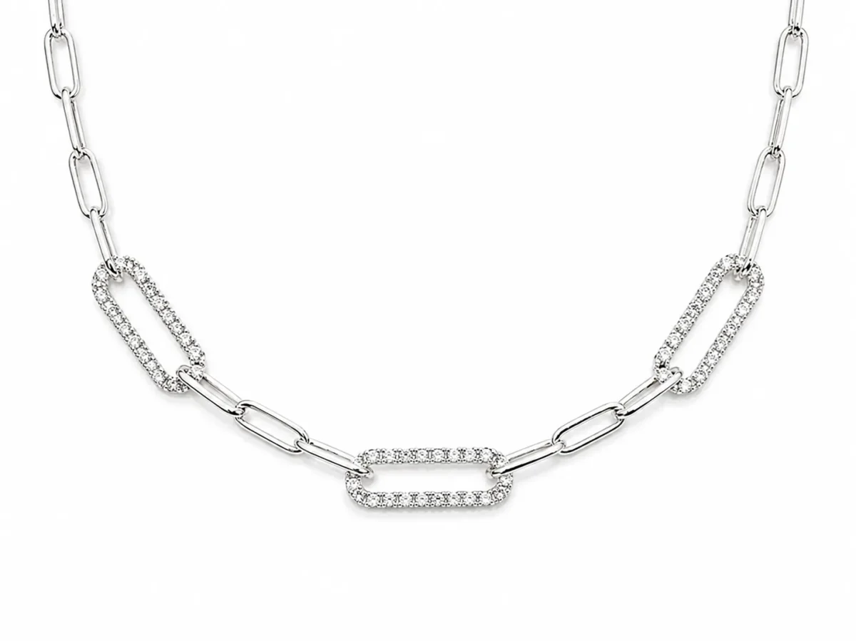 Italian Sterling Silver Cubic Zirconia Paperclip Link Necklace - PCL150CZ