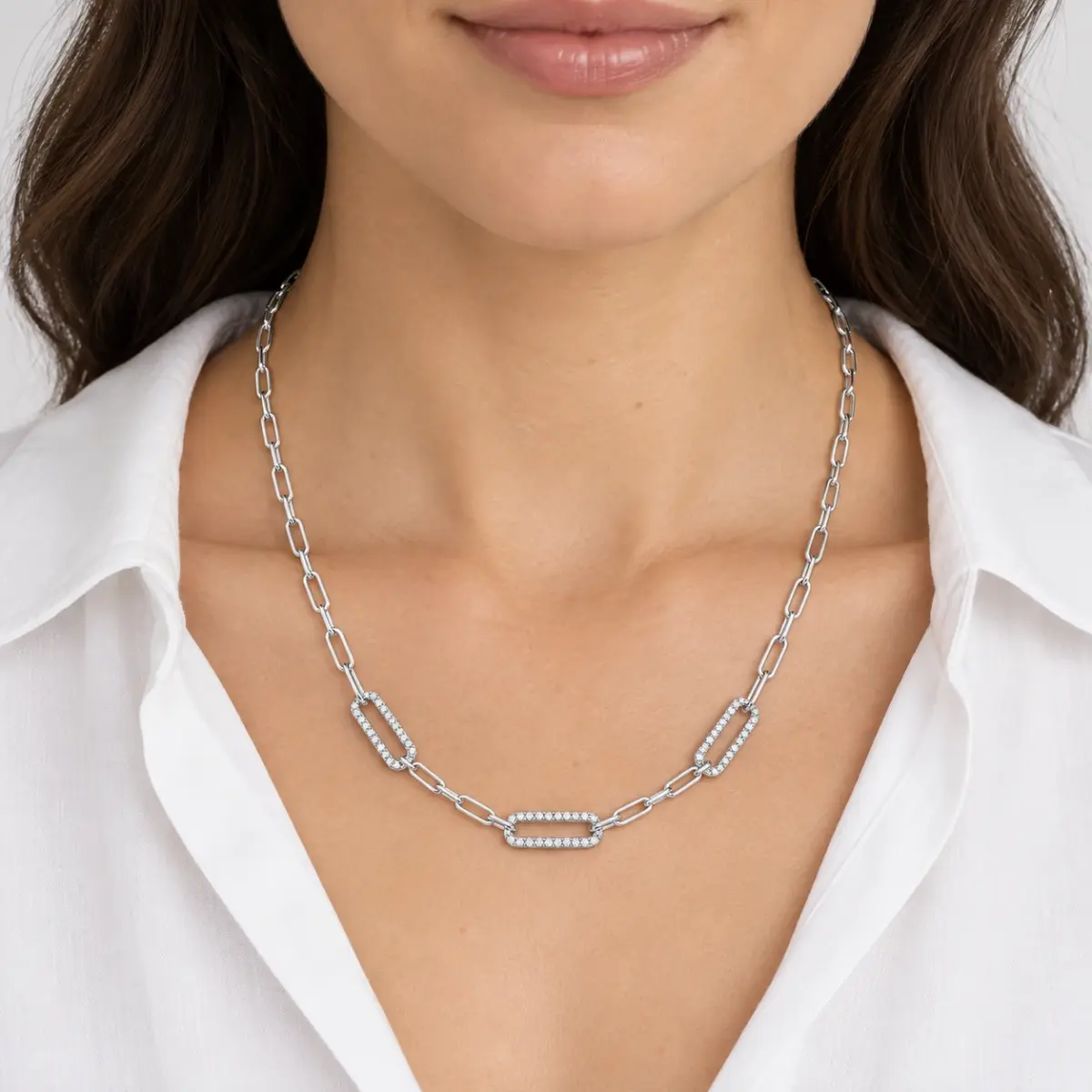 Italian Sterling Silver Cubic Zirconia Paperclip Link Necklace - PCL150CZ
