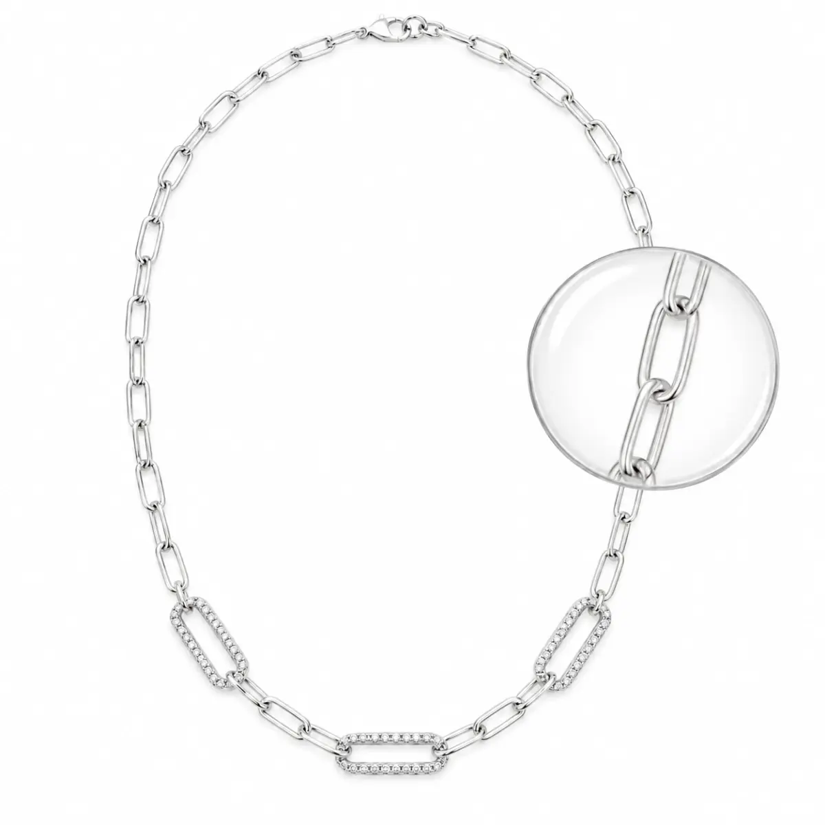 Italian Sterling Silver Cubic Zirconia Paperclip Link Necklace - PCL150CZ