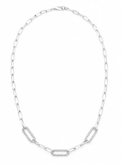 Italian Sterling Silver Cubic Zirconia Paperclip Link Necklace - PCL150CZ