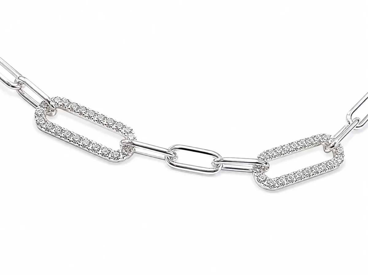 Italian Sterling Silver Round Cut Cubic Zirconia Paperclip Link Necklace - PCL100CZ