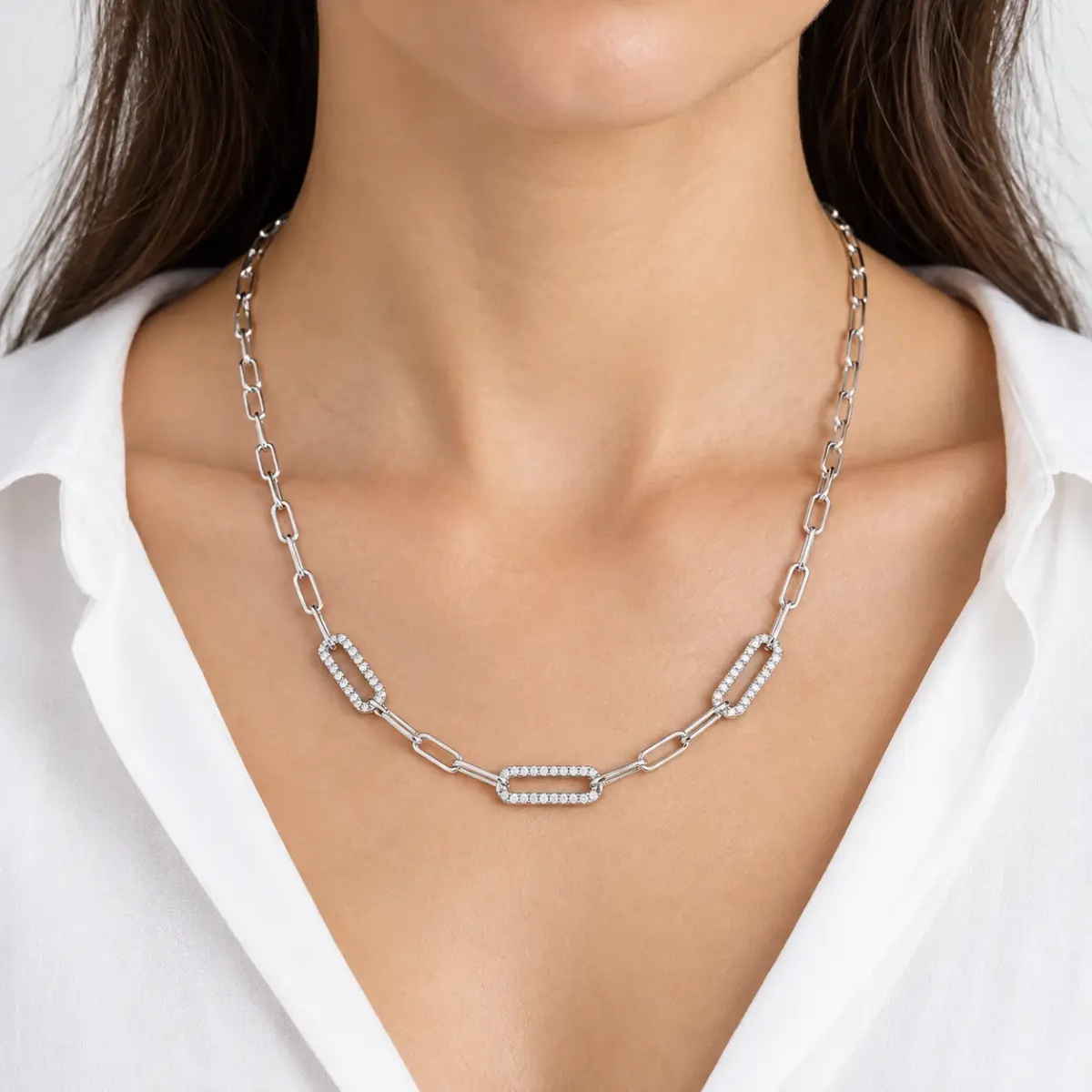 Italian Sterling Silver Round Cut Cubic Zirconia Paperclip Link Necklace - PCL100CZ