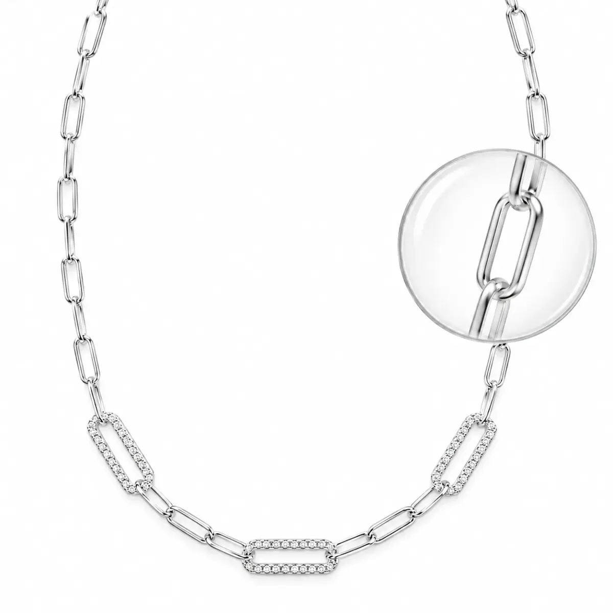 Italian Sterling Silver Round Cut Cubic Zirconia Paperclip Link Necklace - PCL100CZ