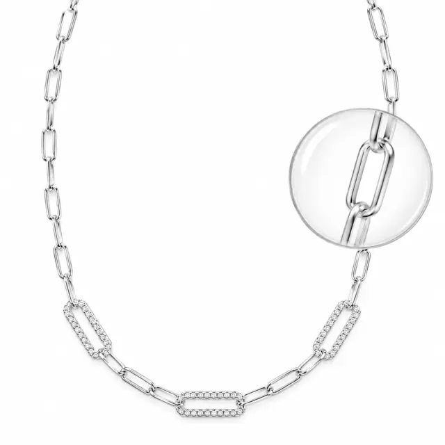 Italian Sterling Silver Round Cut Cubic Zirconia Paperclip Link Necklace - PCL100CZ