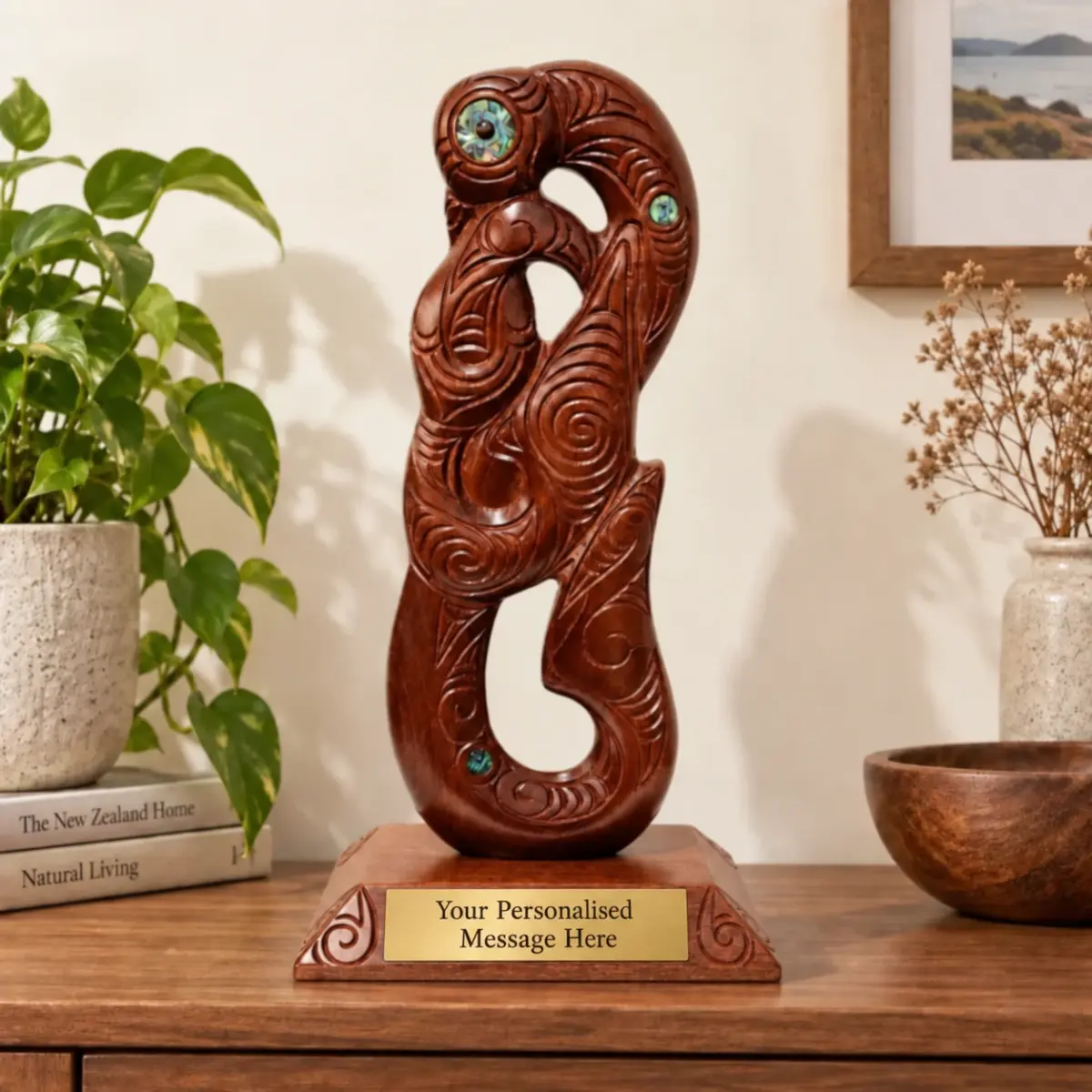 Large Carved Maori Hei Matau (Fish Hook) from Kauri Wood with Paua Shell Eyes on Stand