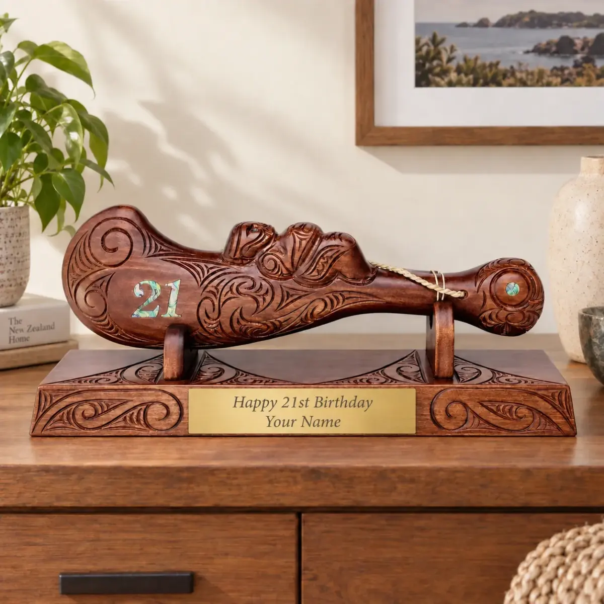 Large Carved Maori Wahaika Club with 21 Paua Inlaid on Stand