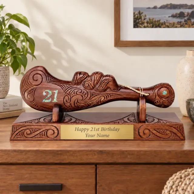 Large Carved Maori Wahaika Club with 21 Paua Inlaid on Stand