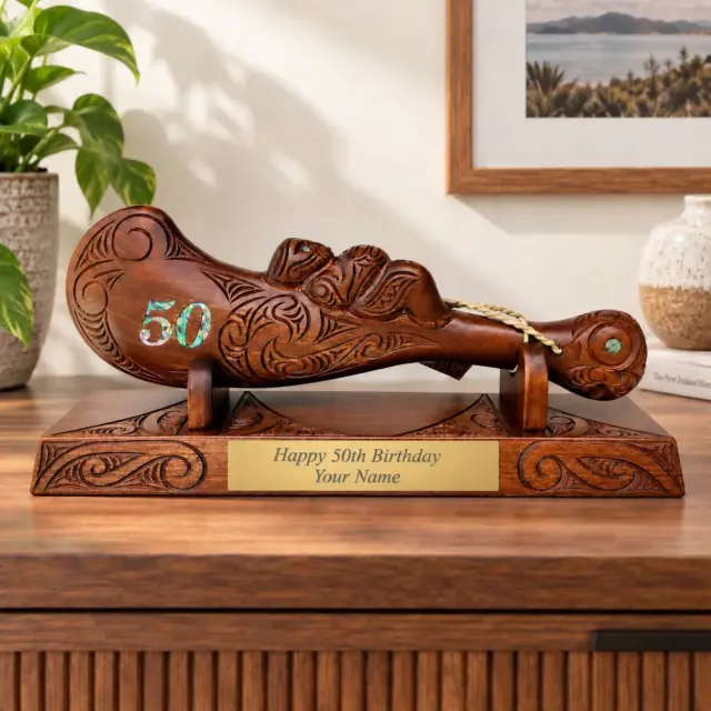 Large Carved Maori Wahaika Club with 50 Paua Inlaid on Stand