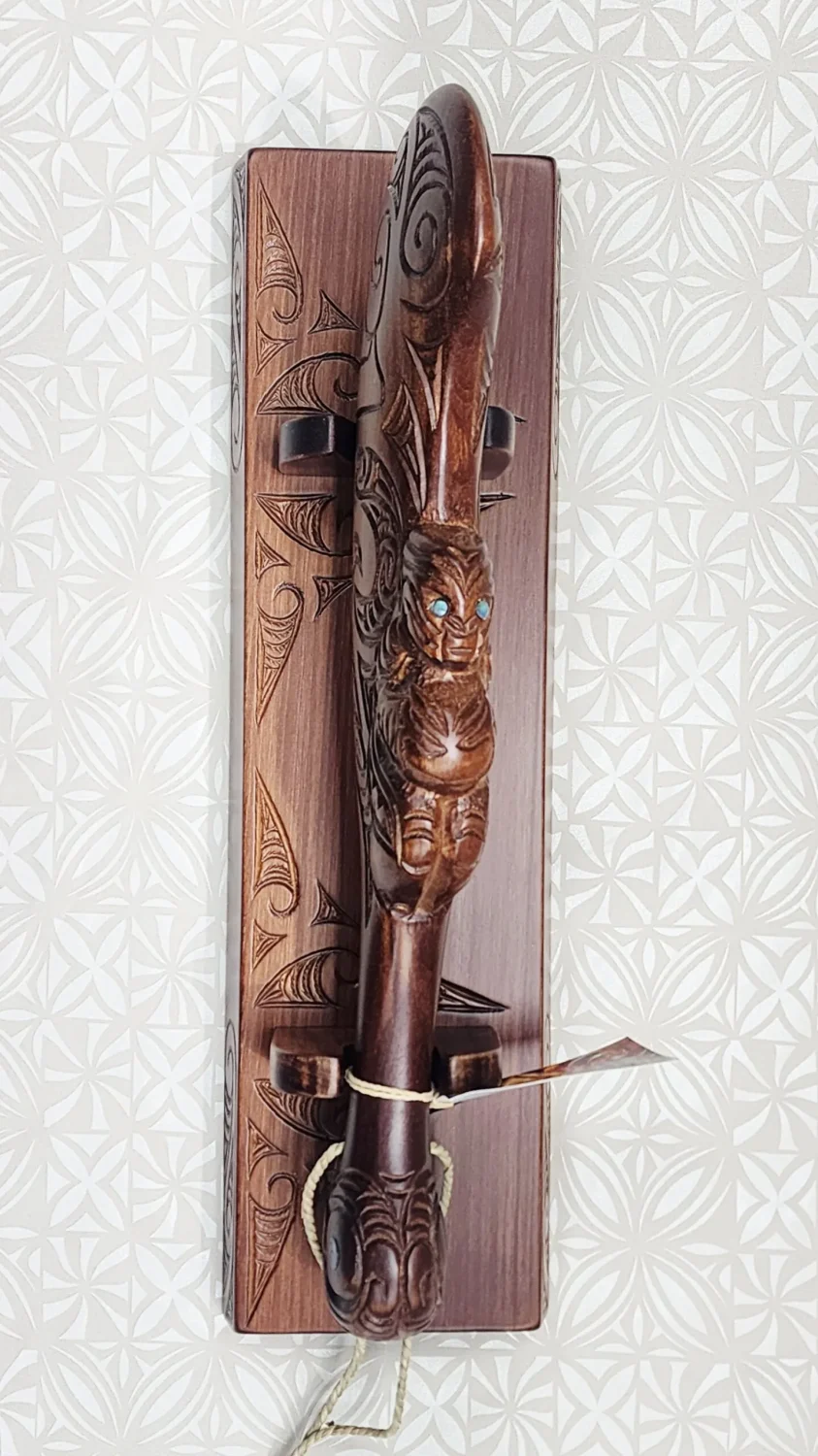 Large Carved Maori Wahaika Club with Carved 21 on Stand