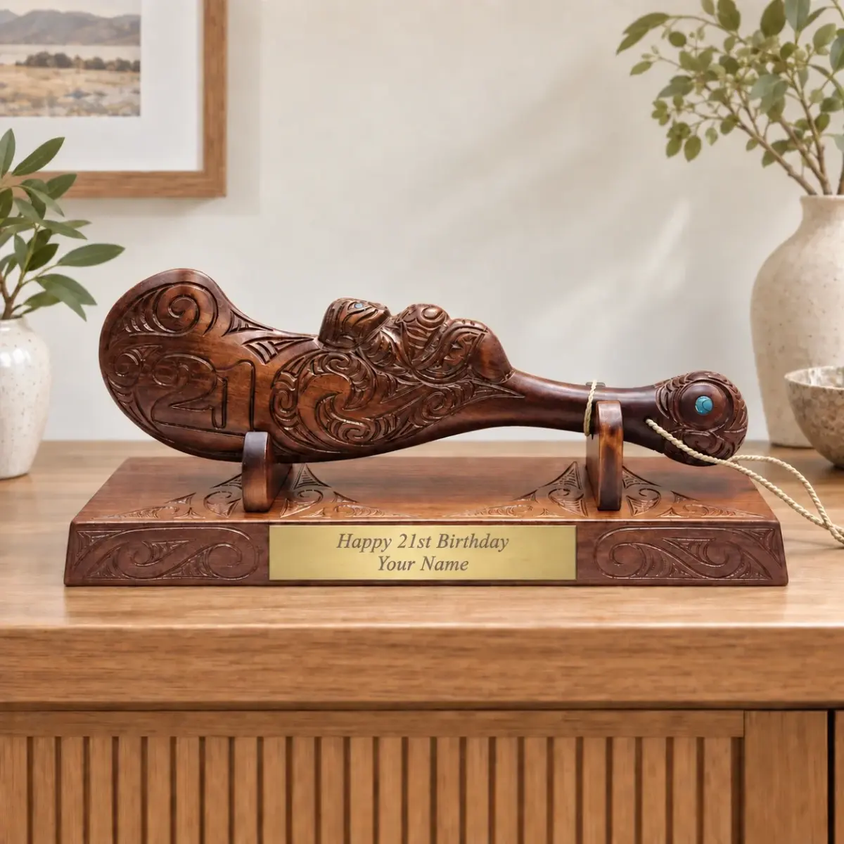 Large Carved Maori Wahaika Club with Carved 21 on Stand