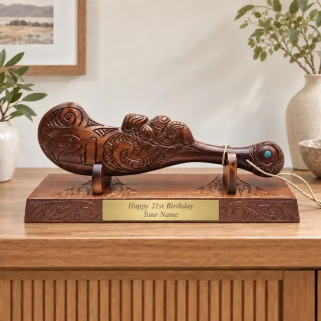 Large Carved Maori Wahaika Club with Carved 21 on Stand