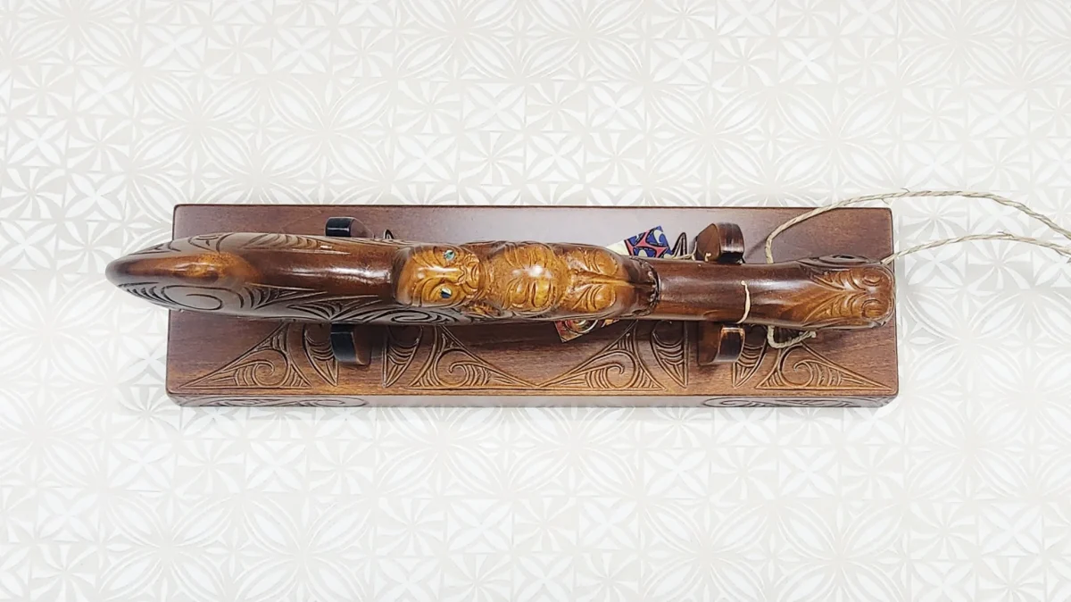 Large Carved Maori Wahaika Club with Carved 50 on Stand