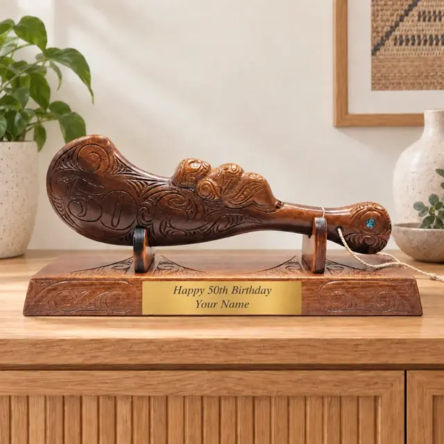 Large Carved Maori Wahaika Club with Carved 50 on Stand